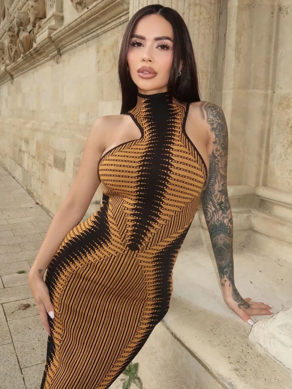 Sweater Midi Dress in Black and Mustard - Picture 1 of 5